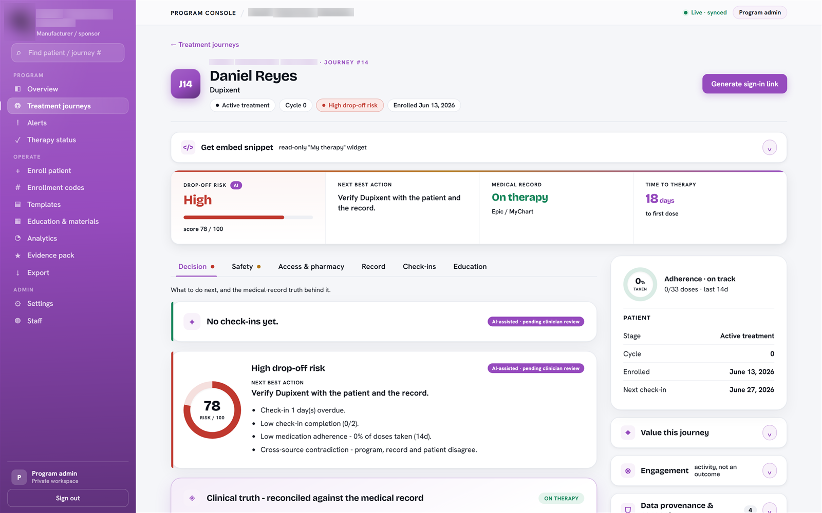 A patient journey fusing program plan, On therapy via Epic / MyChart, time-to-therapy, adherence, and check-ins on one readout.