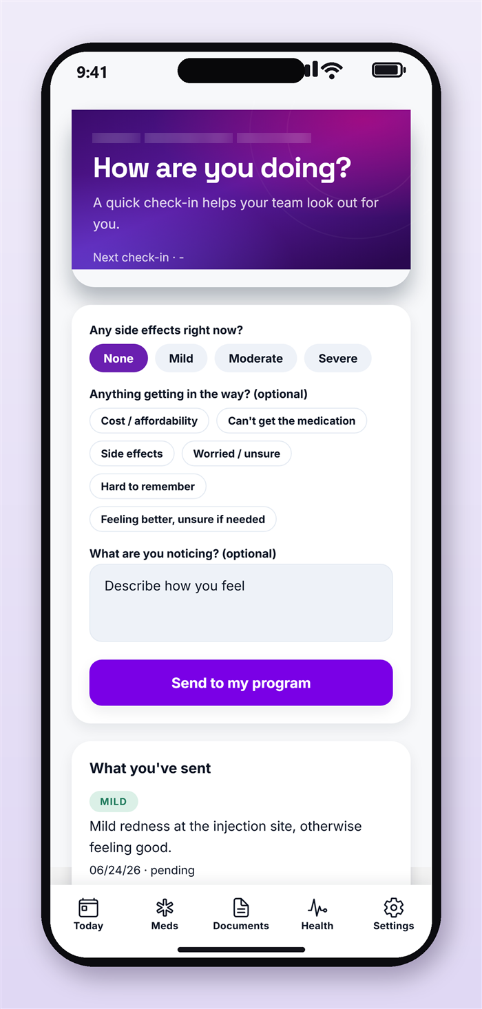 The patient app check-in: rate side effects, flag a barrier like cost or access, and send it straight to the program team.