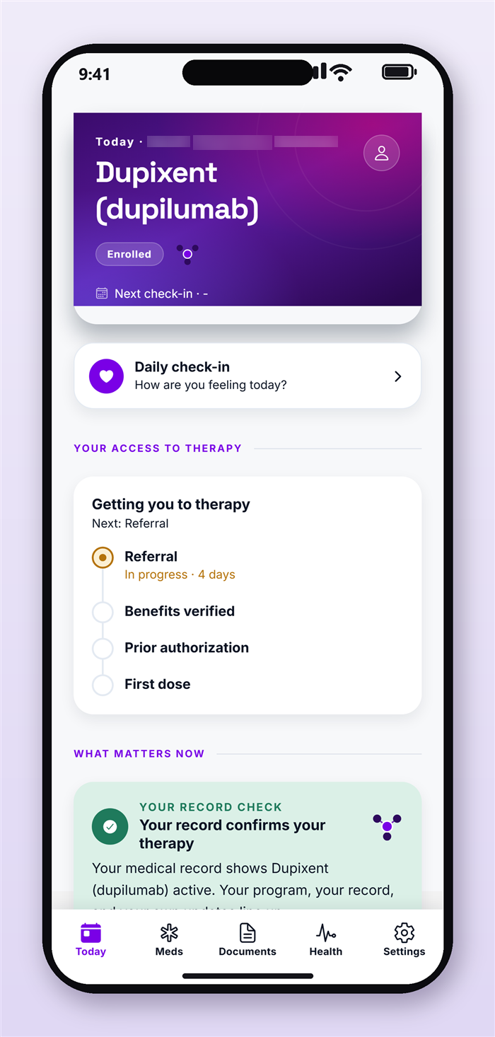 The patient app showing the access-to-therapy funnel: referral, benefits verified, prior authorization, first dose.